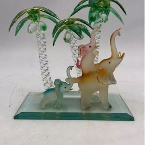 Vintage Hand Blown Glass Elephant Sculpture with Palm Trees 5" Tall